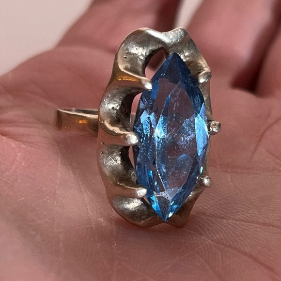 Antique Jewelry - Antique art Deco Oversized Marquee Blue Topaz Brutalist Sterling Silver Ring